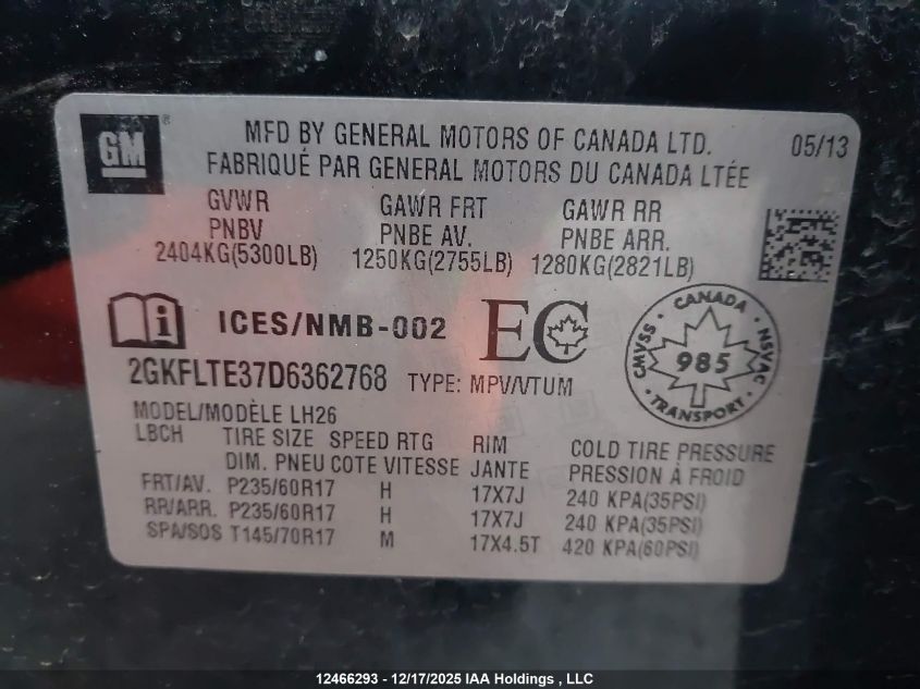 2013 GMC Terrain Sle-2 VIN: 2GKFLTE37D6362768 Lot: 12466293