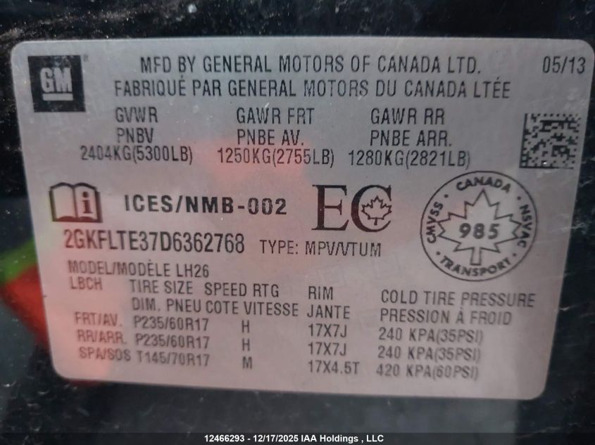 2013 GMC Terrain Sle-2 VIN: 2GKFLTE37D6362768 Lot: 12466293