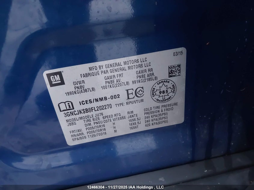 2015 Chevrolet Trax Ls VIN: 3GNCJKSB8FL202270 Lot: 12466304