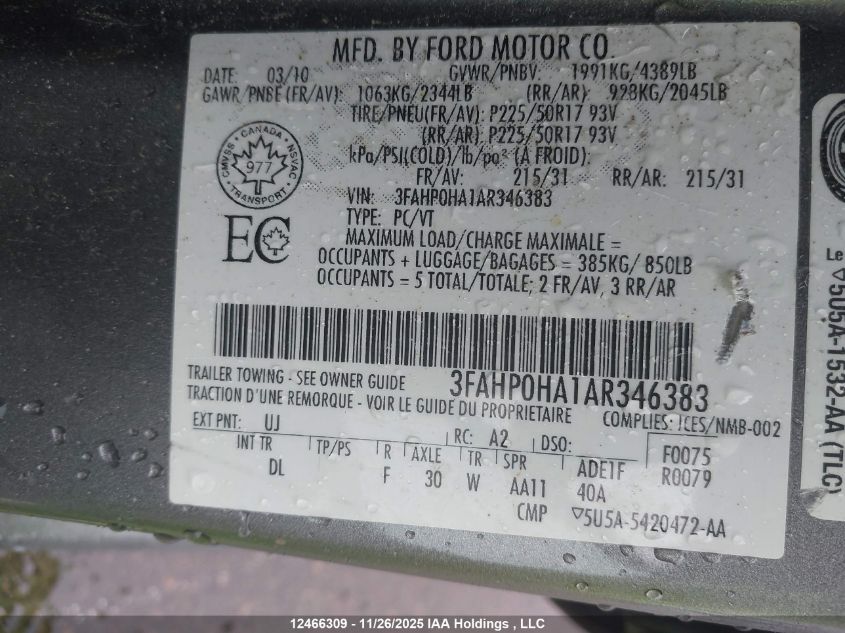 2010 Ford Fusion Se VIN: 3FAHP0HA1AR346383 Lot: 12466309