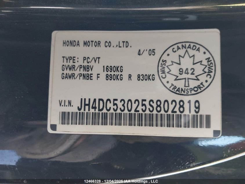 2005 Acura Rsx Type-S VIN: JH4DC53025S802819 Lot: 12466328