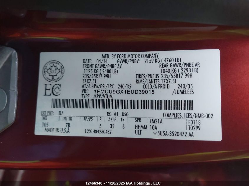 2014 Ford Escape Se VIN: 1FMCU9GX1EUD39015 Lot: 12466340