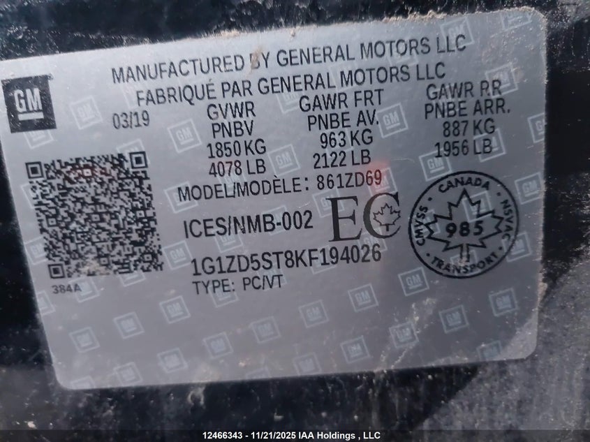 2019 Chevrolet Malibu Lt VIN: 1G1ZD5ST8KF194026 Lot: 12466343