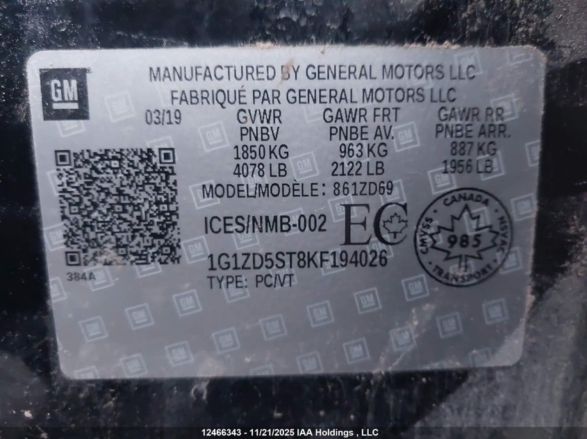 2019 Chevrolet Malibu Lt VIN: 1G1ZD5ST8KF194026 Lot: 12466343