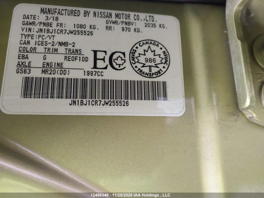 2018 Nissan Qashqai VIN: JN1BJ1CR7JW255526 Lot: 12466349