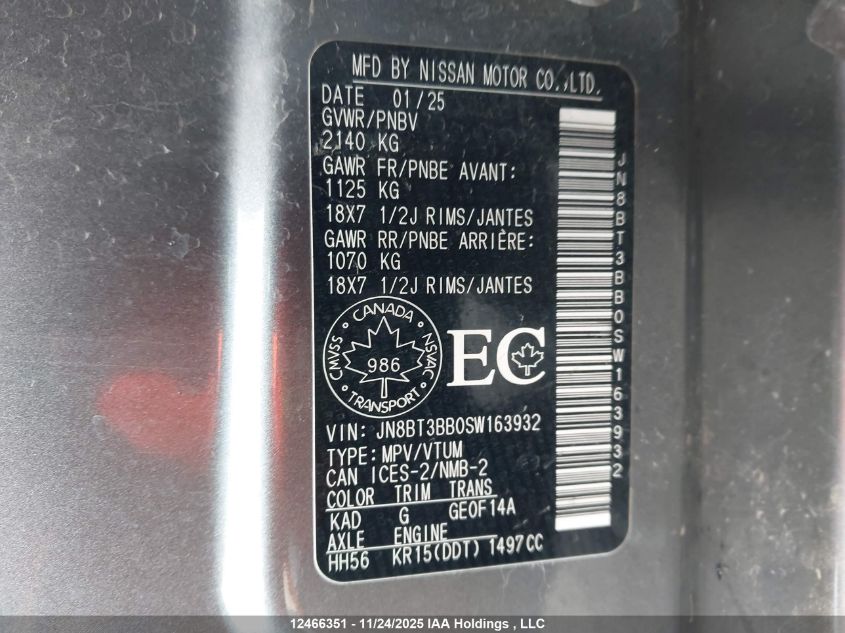 2025 Nissan Rogue Sv/Rc VIN: JN8BT3BB0SW163932 Lot: 12466351