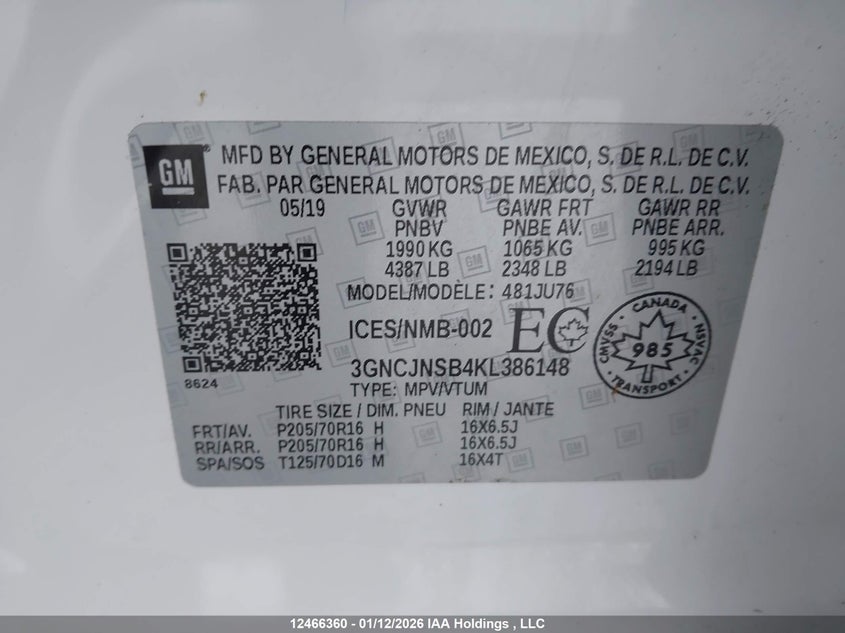 3GNCJNSB4KL386148 2019 CHEVROLET TRAX photo no. 9