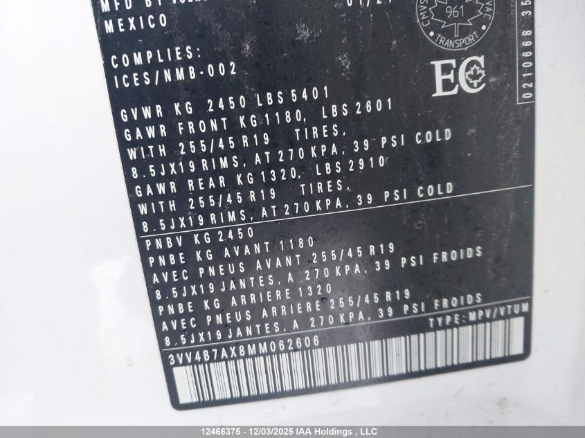 2021 Volkswagen Tiguan Highline VIN: 3VV4B7AX8MM062606 Lot: 12466375