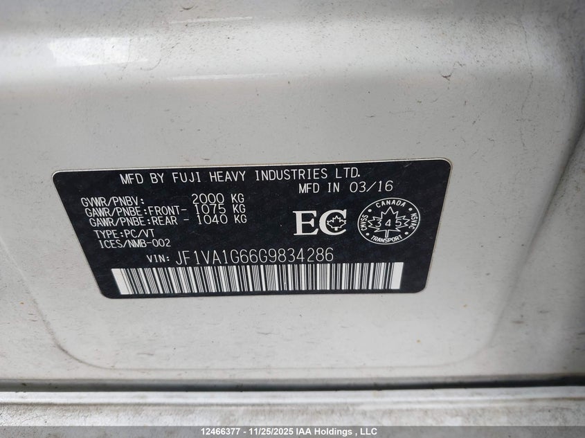 2016 Subaru Wrx Sport Package/Sport-Tech Package VIN: JF1VA1G66G9834286 Lot: 12466377