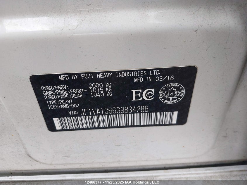 2016 Subaru Wrx Sport Package/Sport-Tech Package VIN: JF1VA1G66G9834286 Lot: 12466377