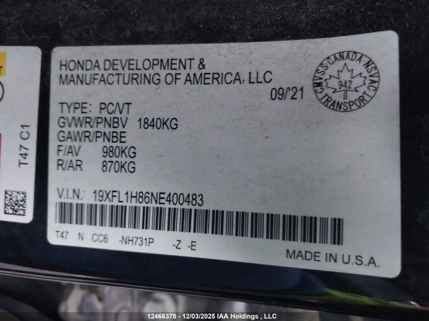 2022 Honda Civic VIN: 19XFL1H86NE400483 Lot: 12466378