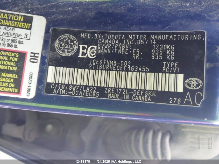 2014 Toyota Corolla L/Le/Le Pls/Prm/S/S Pls VIN: 2T1BURHE0EC163455 Lot: 12466379