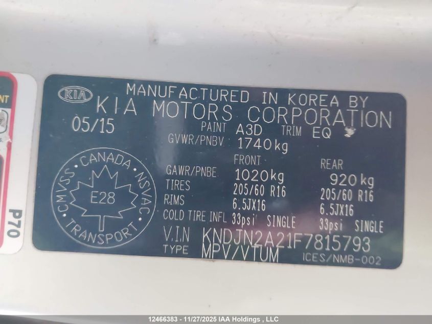 2015 Kia Soul Lx/Lx+ VIN: KNDJN2A21F7815793 Lot: 12466383