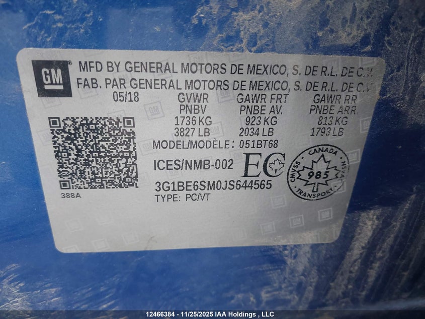 2018 Chevrolet Cruze Lt VIN: 3G1BE6SM0JS644565 Lot: 12466384