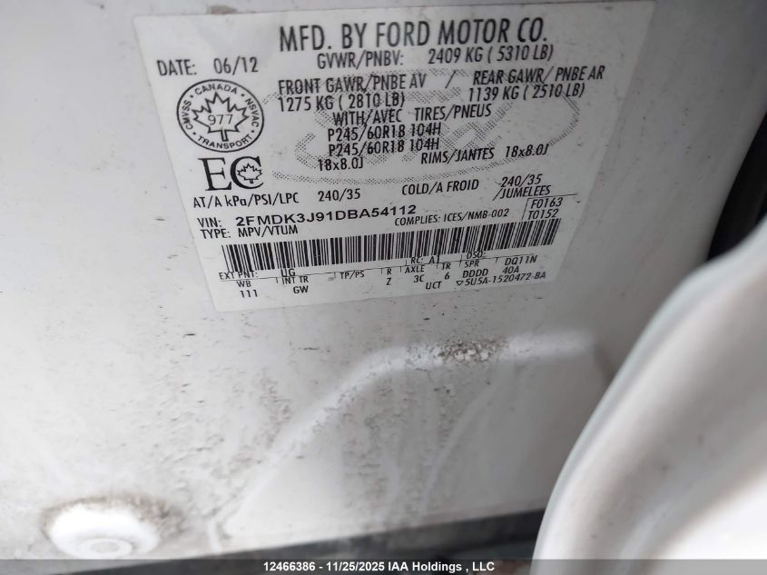 2013 Ford Edge Sel VIN: 2FMDK3J91DBA54112 Lot: 12466386