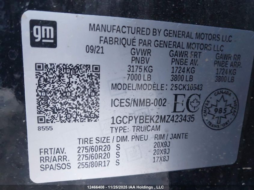 2021 Chevrolet Silverado K1500 Custom VIN: 1GCPYBEK2MZ423435 Lot: 12466408