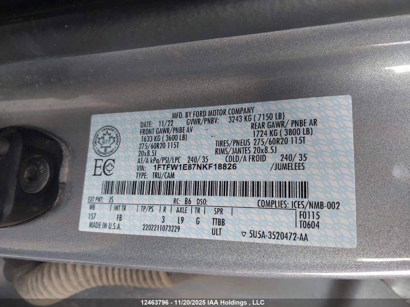 2022 Ford F-150 Xlt VIN: 1FTFW1E87NKF18826 Lot: 12463796X