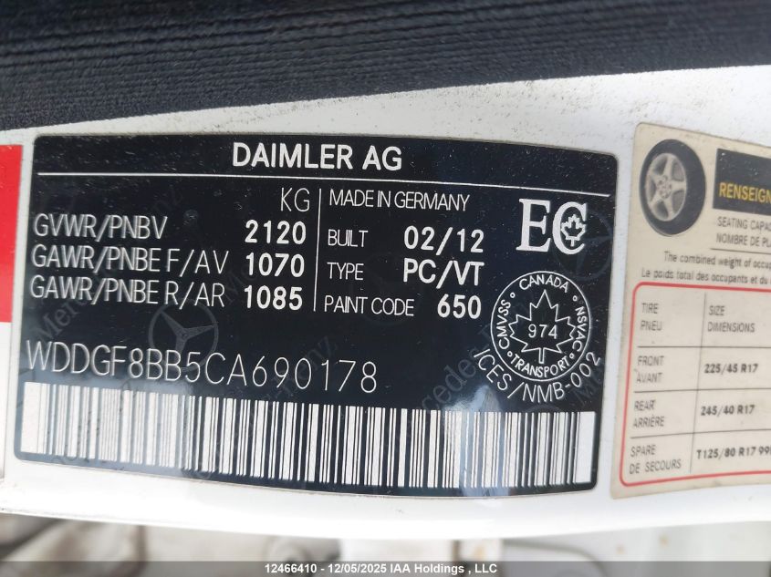 2012 Mercedes-Benz C 300 4Matic VIN: WDDGF8BB5CA690178 Lot: 12466410