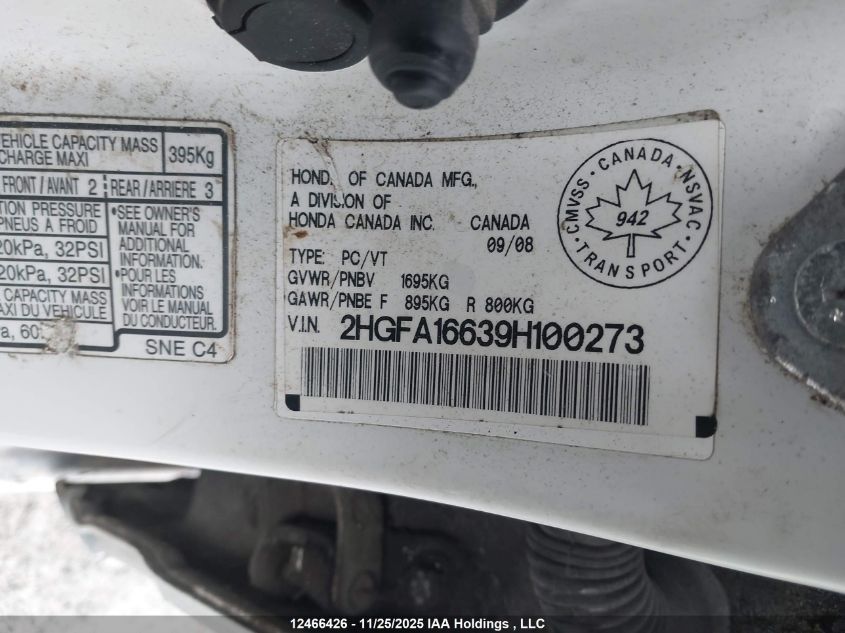 2009 Honda Civic Sport VIN: 2HGFA16639H100273 Lot: 12466426