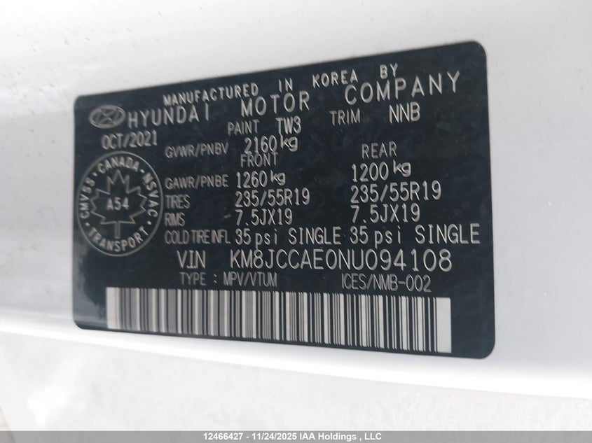 2022 Hyundai Tucson Sel VIN: KM8JCCAE0NU094108 Lot: 12466427