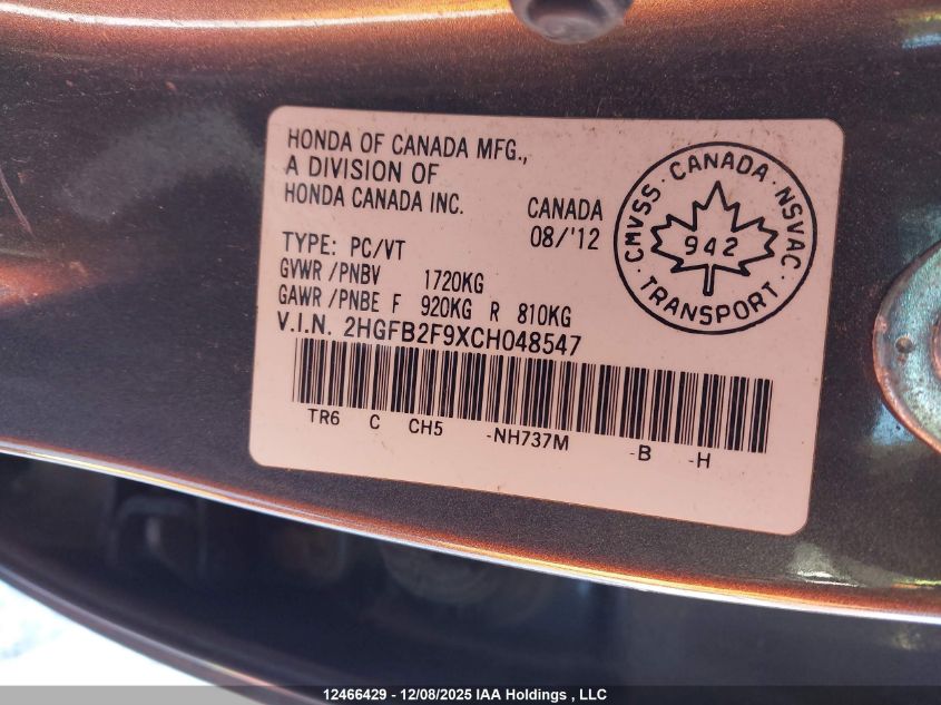 2012 Honda Civic VIN: 2HGFB2F9XCH048547 Lot: 12466429