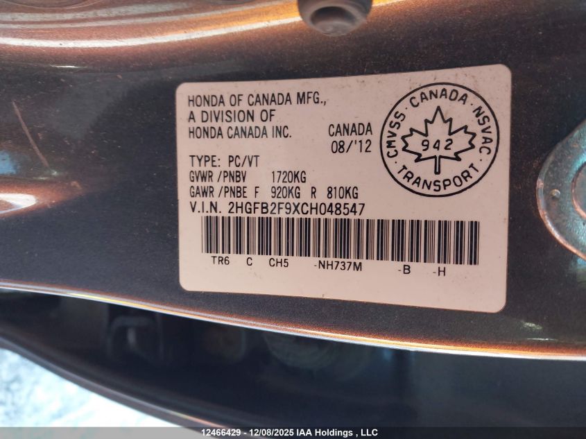 2012 Honda Civic VIN: 2HGFB2F9XCH048547 Lot: 12466429