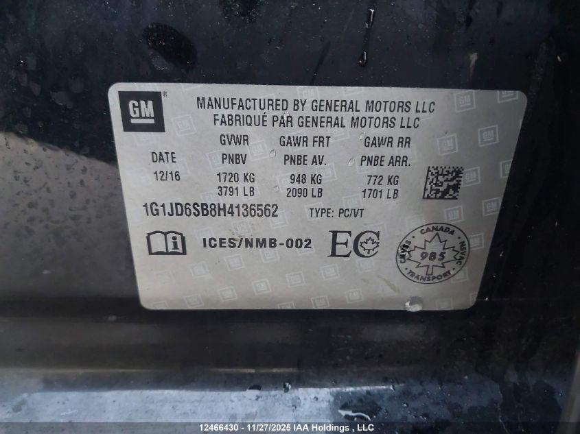 2017 Chevrolet Sonic Lt VIN: 1G1JD6SB8H4136562 Lot: 12466430