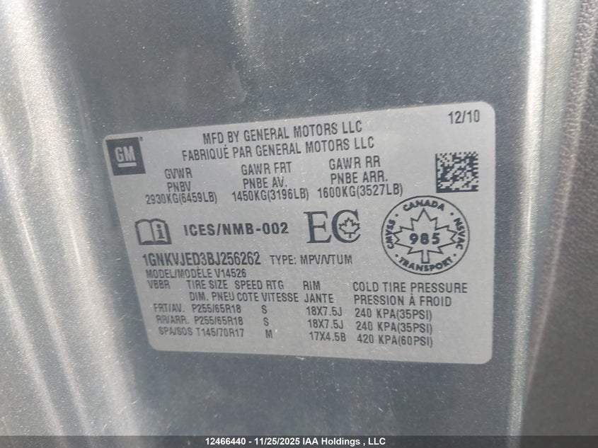 2011 Chevrolet Traverse 2Lt VIN: 1GNKVJED3BJ256262 Lot: 12466440