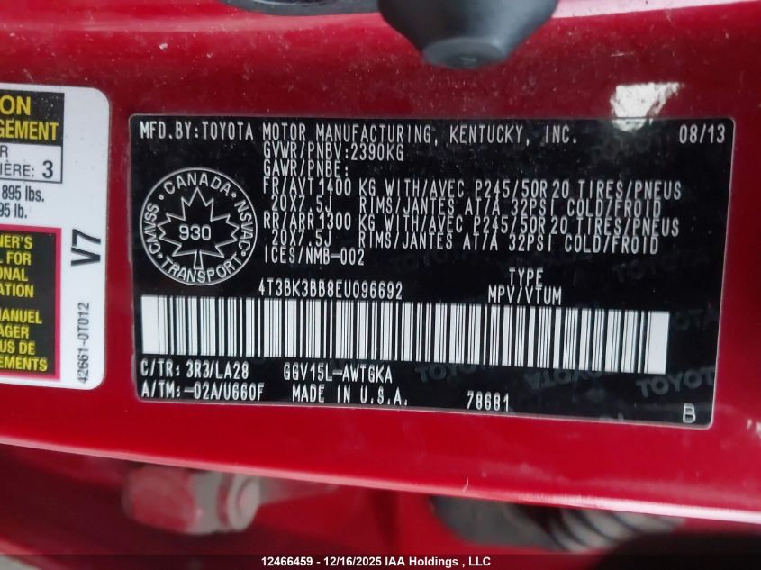 2014 Toyota Venza Le/Xle/Limited VIN: 4T3BK3BB8EU096692 Lot: 12466459