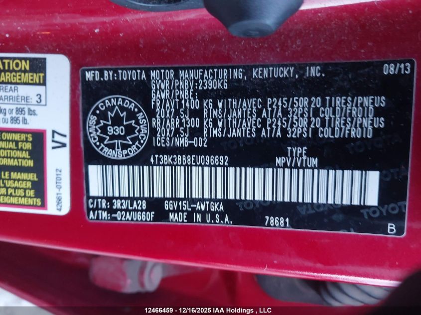 2014 Toyota Venza Le/Xle/Limited VIN: 4T3BK3BB8EU096692 Lot: 12466459