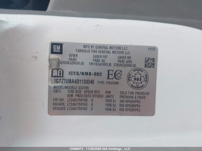 2013 GMC Savana G3500 VIN: 1GTZ7UBA4D1130346 Lot: 12466472