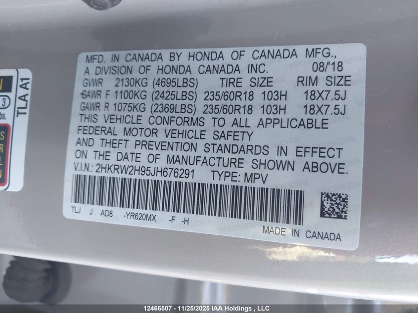 2018 Honda Cr-V Touring VIN: 2HKRW2H95JH676291 Lot: 12466507