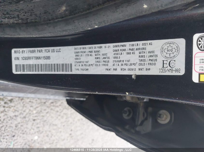 2022 Ram 1500 Big Horn/Lone Star VIN: 1C6SRFFT9NN115085 Lot: 12466515