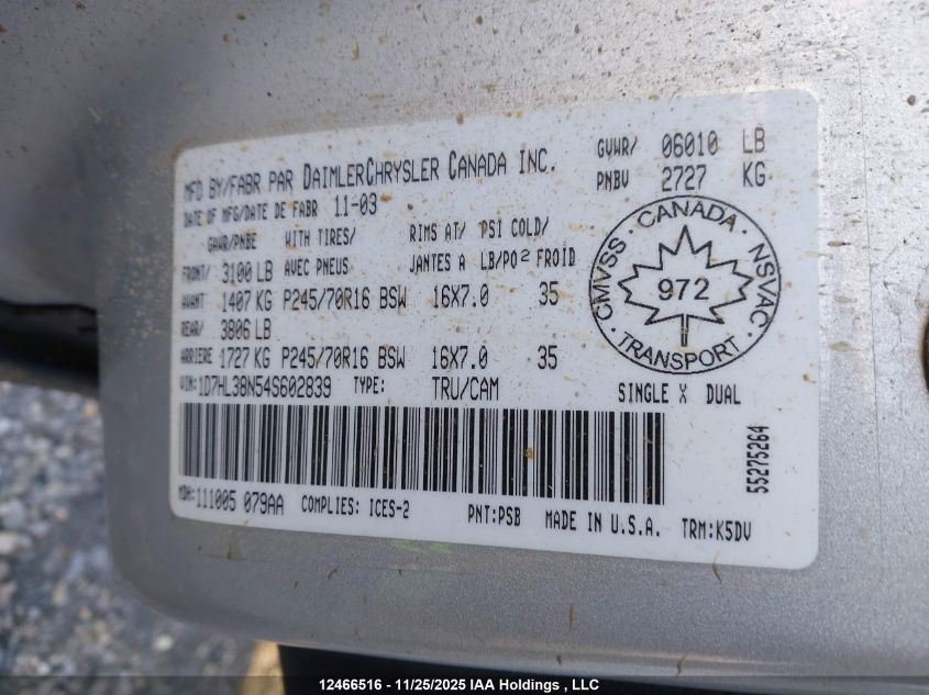 2004 Dodge Dakota Quad Sport VIN: 1D7HL38N54S602839 Lot: 12466516