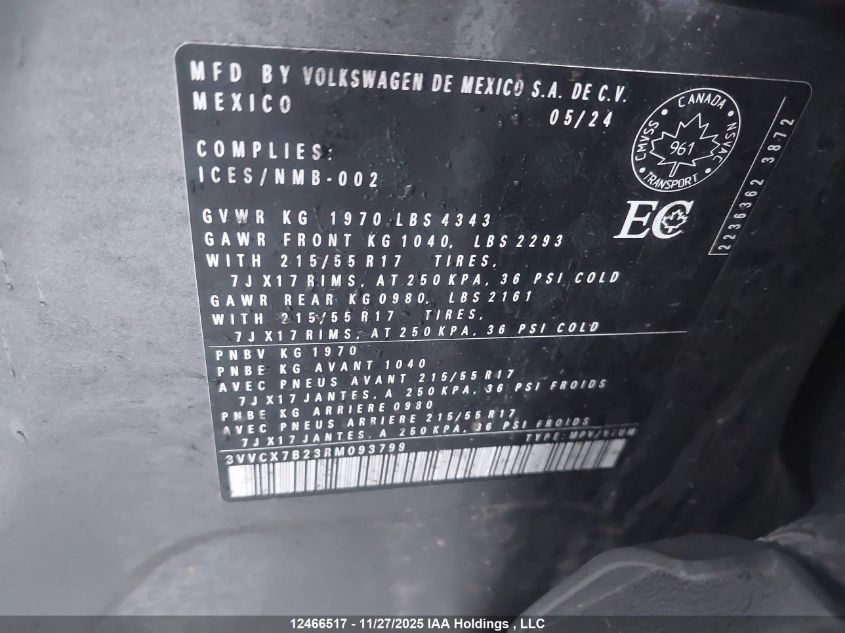 2024 Volkswagen Taos Trendline VIN: 3VVCX7B23RM093799 Lot: 12466517