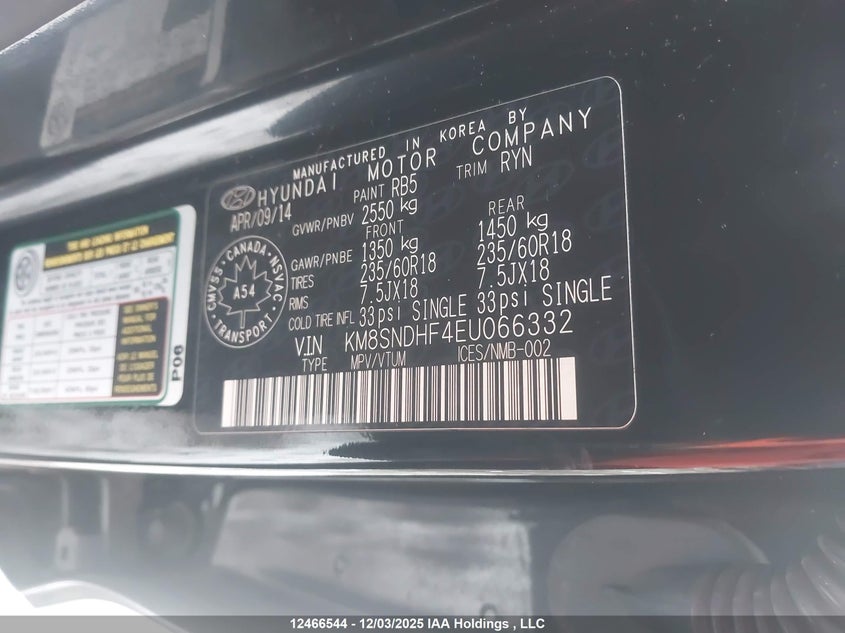 KM8SNDHF4EU066332 2014 HYUNDAI SANTA FE photo no. 9