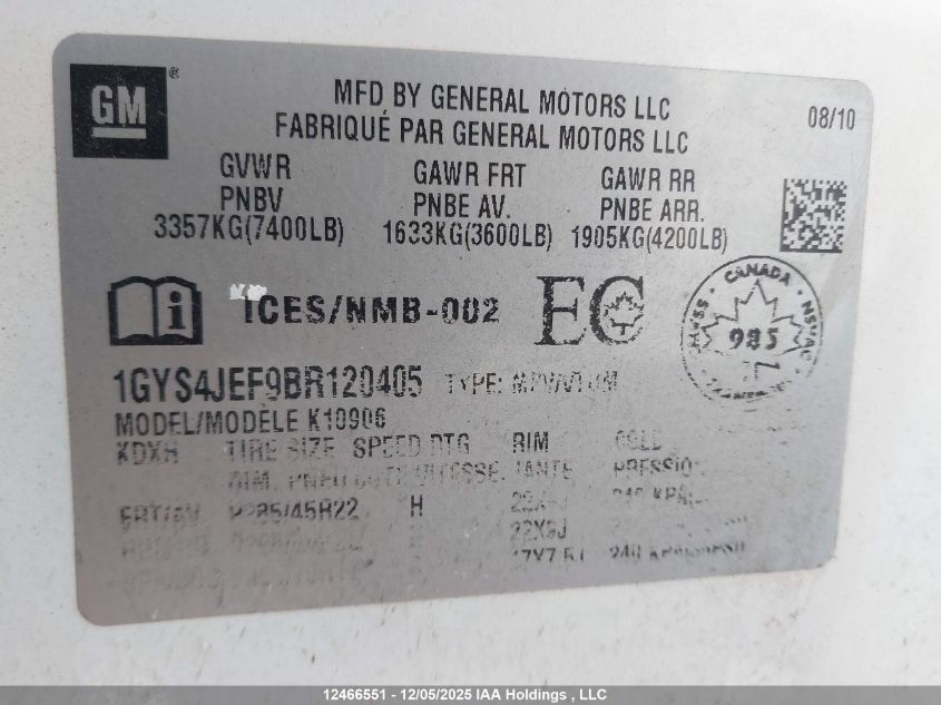 2011 Cadillac Escalade Esv VIN: 1GYS4JEF9BR120405 Lot: 12466551
