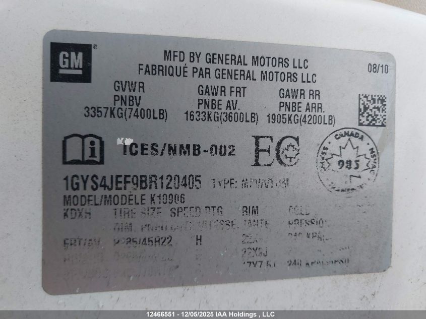 2011 Cadillac Escalade Esv VIN: 1GYS4JEF9BR120405 Lot: 12466551