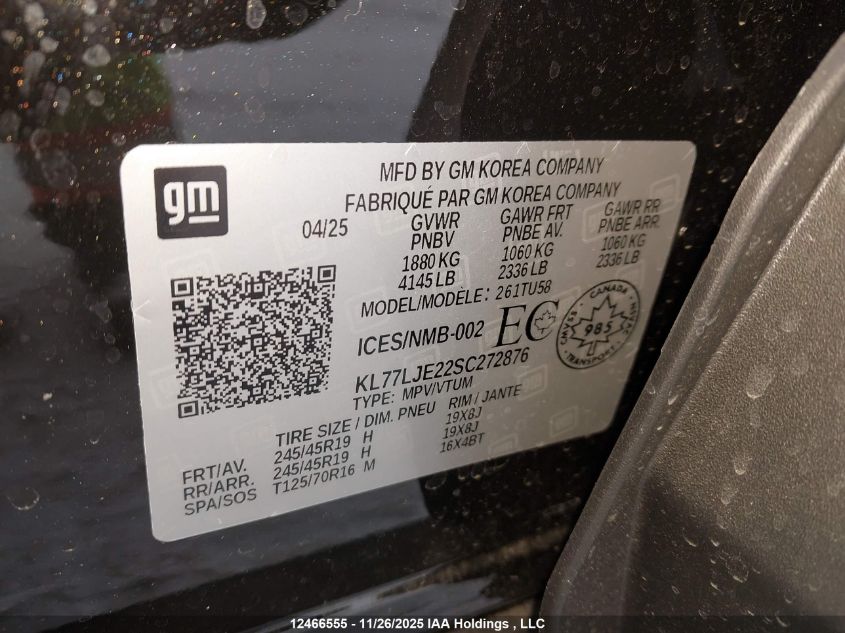 2025 Chevrolet Trax 2Rs Fwd VIN: KL77LJE22SC272876 Lot: 12466555