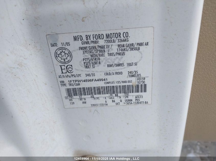 2006 Ford F-150 VIN: 1FTPW14596FA49941 Lot: 12459964X