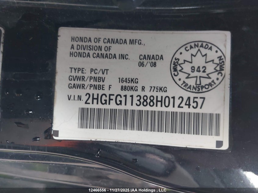 2008 Honda Civic Dx-G VIN: 2HGFG11388H012457 Lot: 12466556