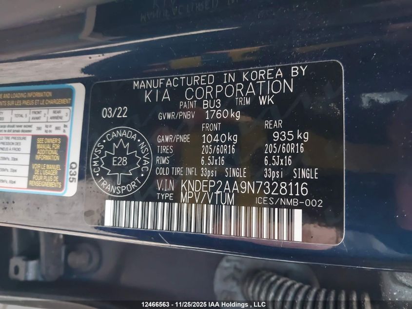 2022 Kia Seltos Lx VIN: KNDEP2AA9N7328116 Lot: 12466563