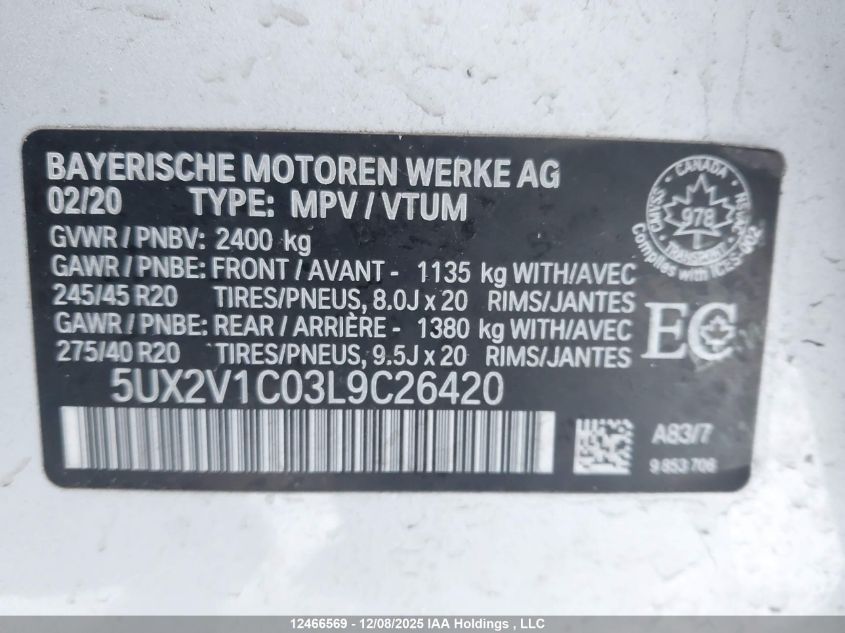 2020 BMW X4 xDrive30I VIN: 5UX2V1C03L9C26420 Lot: 12466569