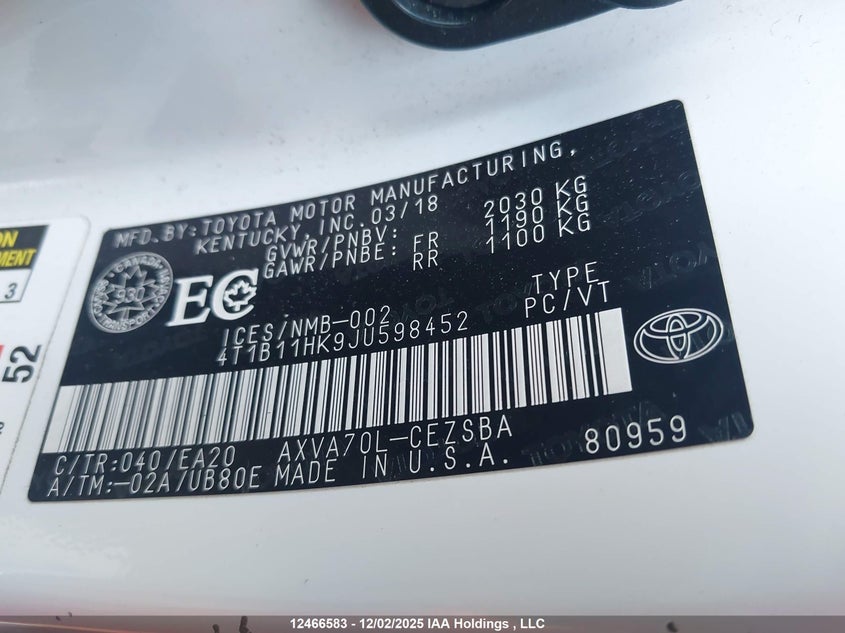 4T1B11HK9JU598452 2018 TOYOTA CAMRY photo no. 9