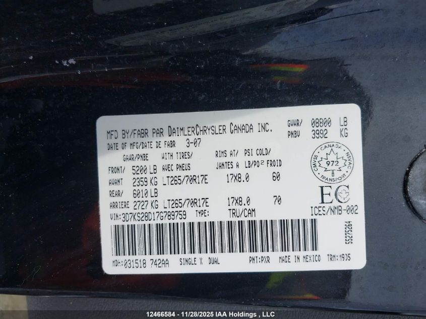 2007 Dodge Ram 2500 VIN: 3D7KS28D17G789759 Lot: 12466584