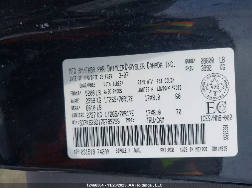 2007 Dodge Ram 2500 VIN: 3D7KS28D17G789759 Lot: 12466584