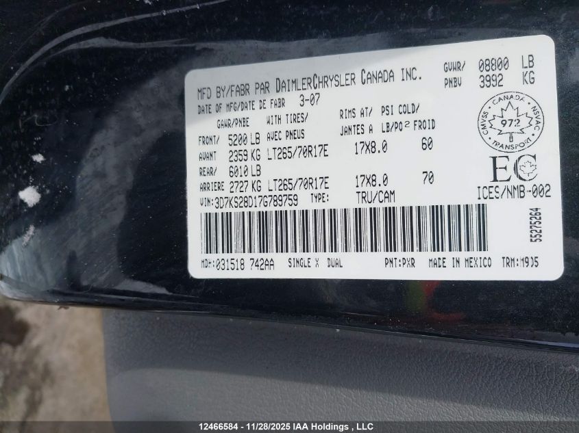 2007 Dodge Ram 2500 VIN: 3D7KS28D17G789759 Lot: 12466584