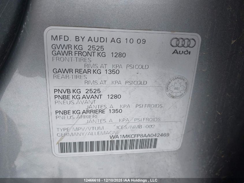 2010 Audi Q5 3.2 Premium VIN: WA1MKCFP8AA042469 Lot: 12466615