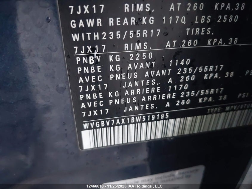 2011 Volkswagen Tiguan VIN: WVGBV7AX1BW519195 Lot: 12466618