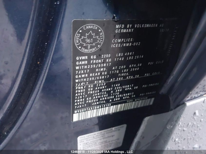 2011 Volkswagen Tiguan VIN: WVGBV7AX1BW519195 Lot: 12466618